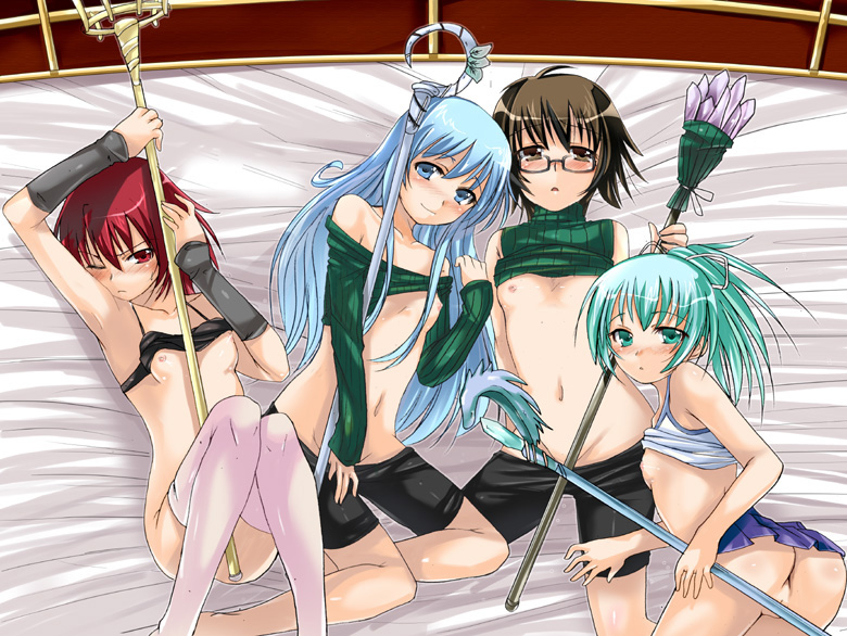 hirama hirokazu, na mizuumi, aussa (yu-gi-oh!), aussa the earth charmer, eria the water charmer, hiita, hiita (yu-gi-oh!), hiita the fire charmer, wynn (yu-gi-oh!), wynn the wind charmer, yu-gi-oh!, yu-gi-oh! duel monsters, 4girls, ass, bare shoulders, bed, bike shorts, blue eyes, blue hair, bottomless, brown eyes, brown hair, clothes lift, collarbone, duel monster, flat chest, glasses, green eyes, green hair, lineup, long hair, lying, multiple girls, navel, nipples, no panties, ponytail, red eyes, red hair, shirt lift, sleeveless, sleeveless turtleneck, staff, take your pick, tank top, thighhighs, turtleneck, wand