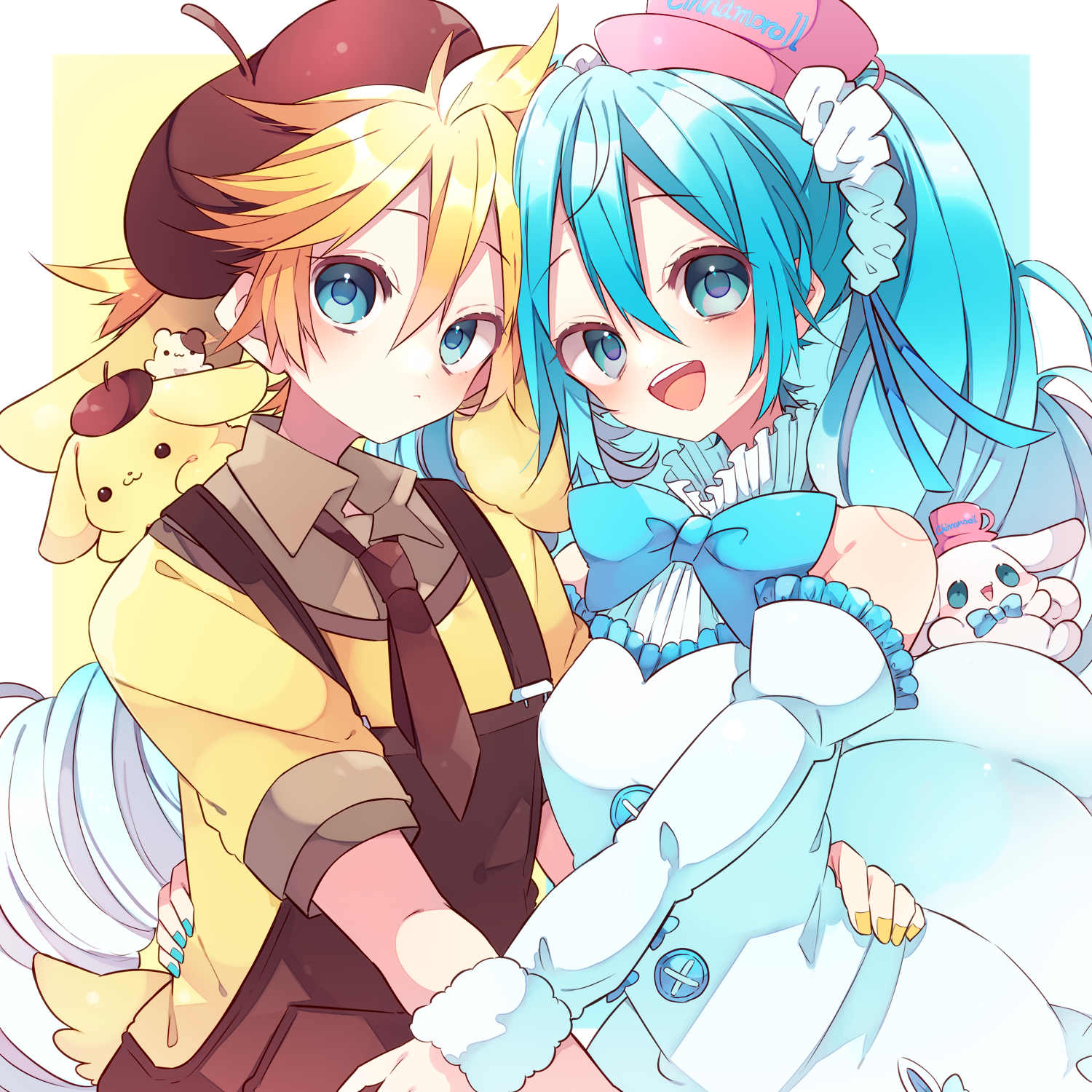 kaho 0102, cinnamoroll, hatsune miku, kagamine len, pompompurin, fuwa fuwa cinnamoroll, sanrio, vocaloid, commentary request, highres, 1boy, 1girl, :d, bare shoulders, beret, blonde hair, blue background, blue bow, blue bowtie, blue eyes, blue hair, blue nails, blush, border, bow, bowtie, brown hat, brown necktie, brown overalls, closed mouth, collared shirt, detached sleeves, double-parted bangs, dress, hair between eyes, hat, long hair, long sleeves, looking at viewer, nail polish, necktie, open mouth, outside border, overalls, pink hat, shirt, short hair, short sleeves, sleeveless, sleeveless dress, smile, twintails, two-tone background, upper body, white border, white dress, white sleeves, yellow background, yellow nails, yellow shirt