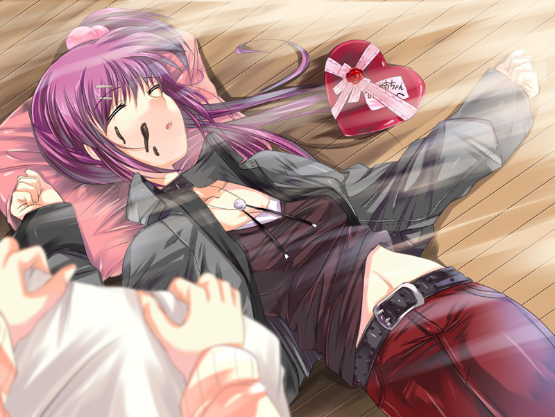 hirama hirokazu, na mizuumi, saigusa haruka, little busters!, 1girl, :o, belt, blanket, blush, box, buckle, chocolate, closed eyes, heart-shaped box, lying, navel, on back, pants, parted lips, pink hair, sleeping, solo focus, valentine