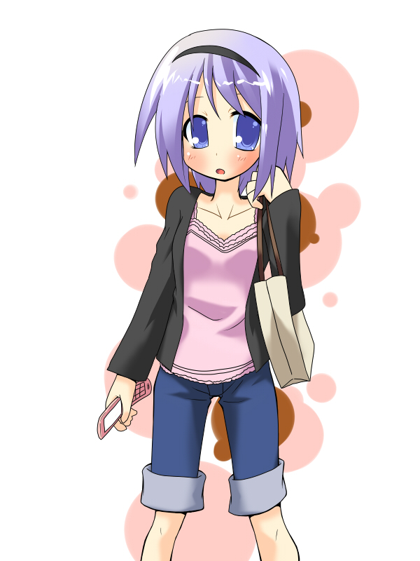 hujikok, hiiragi tsukasa, lucky star, light purple hair, 00s, 1girl, :o, bag, blue eyes, blush, casual, collarbone, denim, female focus, handbag, jacket, jeans, long sleeves, looking at viewer, open clothes, open jacket, pants, parted lips, shirt, shorts, solo, standing, t-shirt, tareme