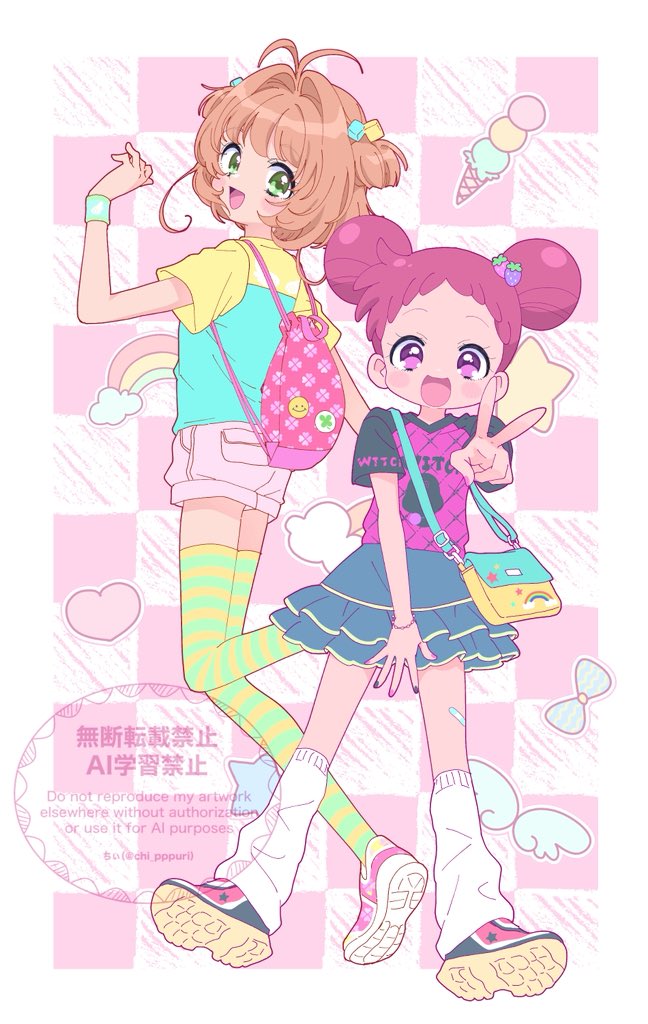chii (chi pppuri), harukaze doremi, kinomoto sakura, cardcaptor sakura, ojamajo doremi, 2girls, double bun, hair bun, heisei retro, loose socks, multiple girls, short hair, short shorts, short sleeves, short twintails, shorts, skirt, socks, thighhighs, twintails