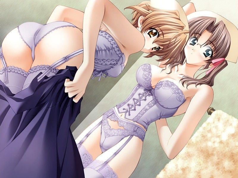 carnelian, harukawa tomomi, kurihara sayaka, kao no nai tsuki, lace-trimmed legwear, duplicate, game cg, 00s, 2girls, bathroom, breasts, changing clothes, cleavage, corset, dutch angle, garter belt, glasses, hat, lace, lace-trimmed panties, lace trim, large breasts, lingerie, medium breasts, multiple girls, nurse, panties, thighhighs, underwear, undressing