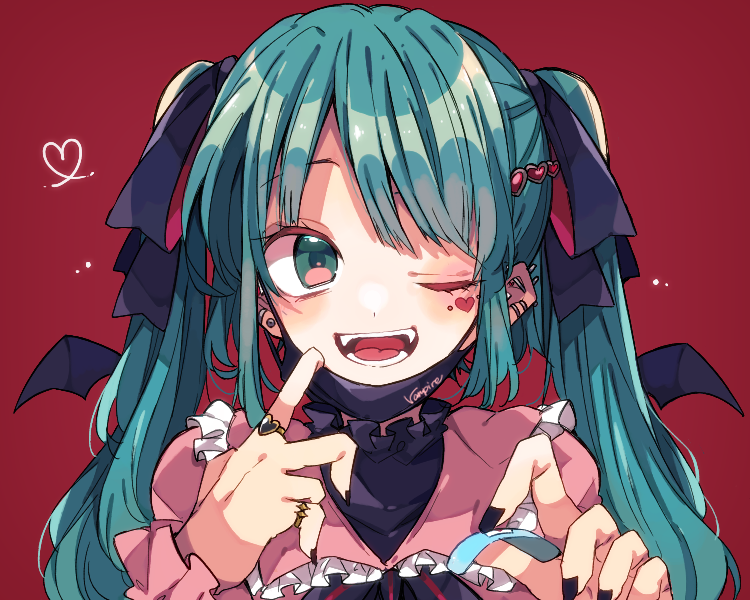 kaho 0102, hatsune miku, vampire (vocaloid), vocaloid, commentary request, 1girl, ;d, black nails, black ribbon, blue hair, collared shirt, facial mark, fangs, frilled shirt collar, frills, green eyes, hair ribbon, hands up, heart, heart facial mark, holding bandaid, jewelry, long hair, long sleeves, looking at viewer, mask, mask pull, mouth mask, nail polish, one eye closed, open mouth, pink shirt, portrait, red background, ribbon, ring, shirt, smile, solo, twintails