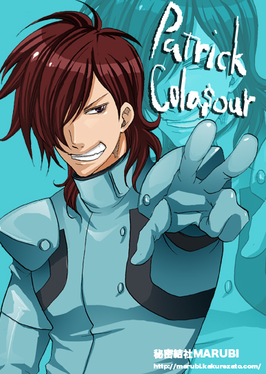 patrick colasour, gundam, gundam 00, 00s, 1boy, blue background, blue bodysuit, blue theme, bodysuit, brown hair, clenched teeth, hair over one eye, looking at viewer, male focus, open mouth, outstretched arm, simple background, skin tight, solo, teeth, text focus, zoom layer
