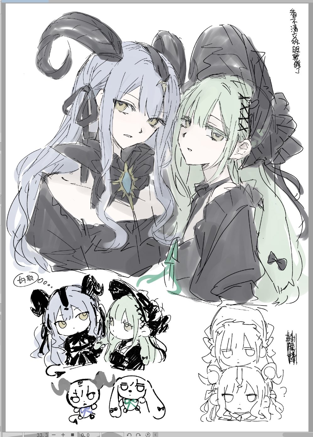 kuukip, togawa sakiko, wakaba mutsumi, arknights, bang dream!, bang dream! it's mygo!!!!!, highres, animal ears, art program in frame, black bonnet, black dress, black horns, black ribbon, blue hair, bonnet, chibi, chibi inset, closed mouth, cropped torso, curled horns, detached collar, dress, floppy ears, gothic lolita, green hair, hair ornament, hair ribbon, horns, lolita fashion, long hair, looking at viewer, official alternate costume, rabbit ears, rabbit girl, ribbon, sidelocks, simple background, togawa sakiko (master of melodia), upper body, wakaba mutsumi (marionette's id), white background, x hair ornament, yellow eyes