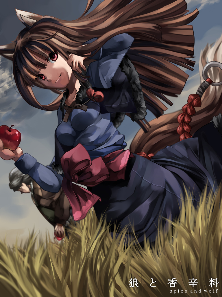 kz-kura, craft lawrence, holo, spice and wolf, bad id, bad pixiv id, 00s, 1boy, 1girl, animal ears, apple, brown hair, food, fruit, holding, holding food, holding fruit, long hair, red eyes, tail, wolf ears, wolf tail