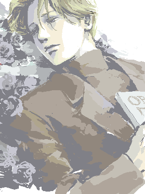 as (ashes), johan liebert, monster (manga), lowres, 1boy, bishounen, blonde hair, book, closed mouth, flower, half-closed eyes, jacket, long sleeves, lying, male focus, on back, sketch, solo, turtleneck, upper body