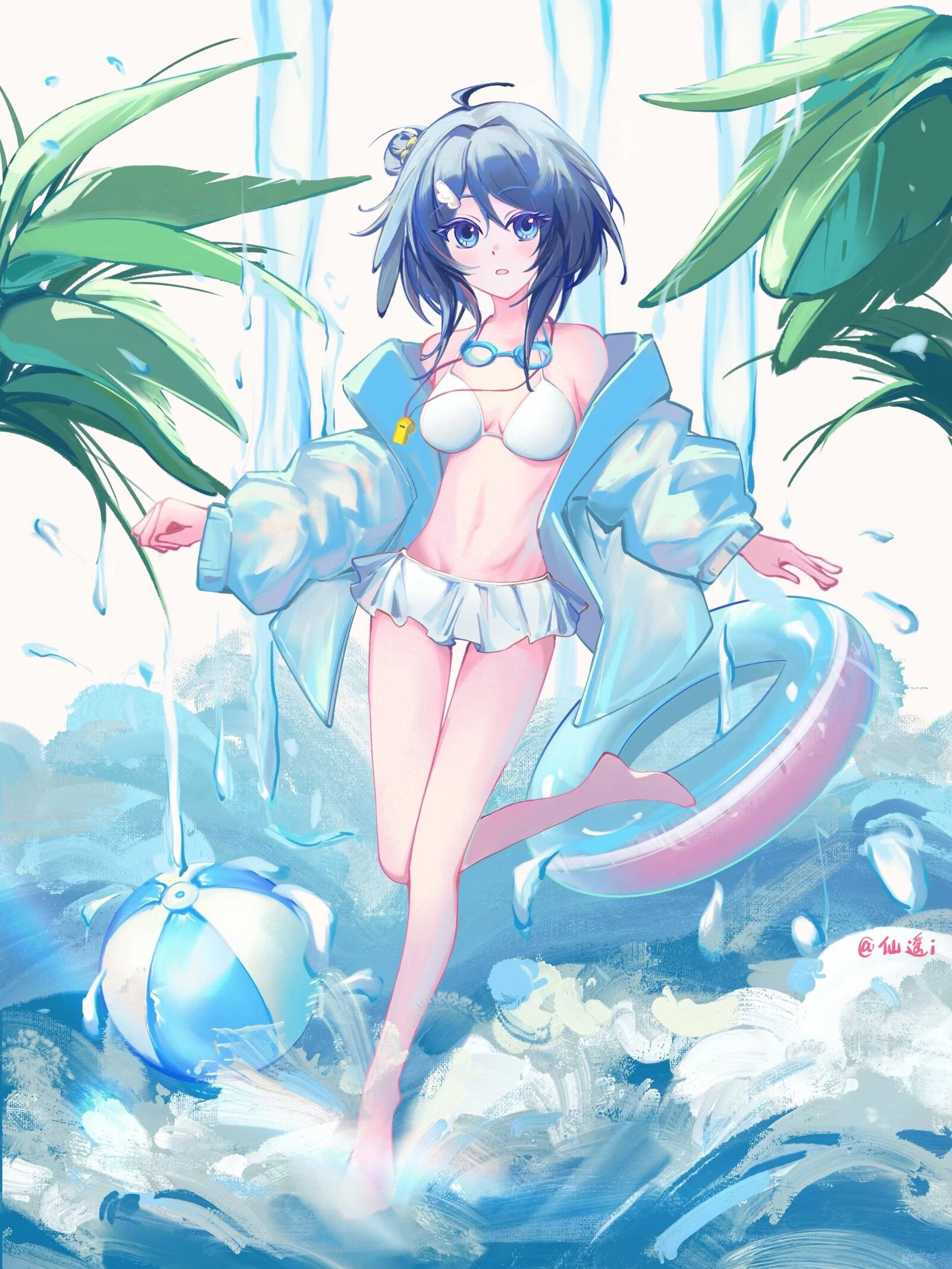 la pluma (arknights), la pluma (summer flowers) (arknights), arknights, chinese commentary, commentary request, highres, 1girl, ahoge, ball, beachball, bikini, black hair, blue eyes, blue hair, blue jacket, breasts, full body, goggles, goggles around neck, hair between eyes, hair ornament, hairclip, innertube, jacket, leg up, long sleeves, looking at viewer, medium breasts, multicolored hair, navel, off shoulder, official alternate costume, parted lips, plant, short hair, solo, splashing, standing, standing on one leg, swim goggles, swim ring, swimsuit, two-tone hair, water, whistle, white bikini, xianyao068