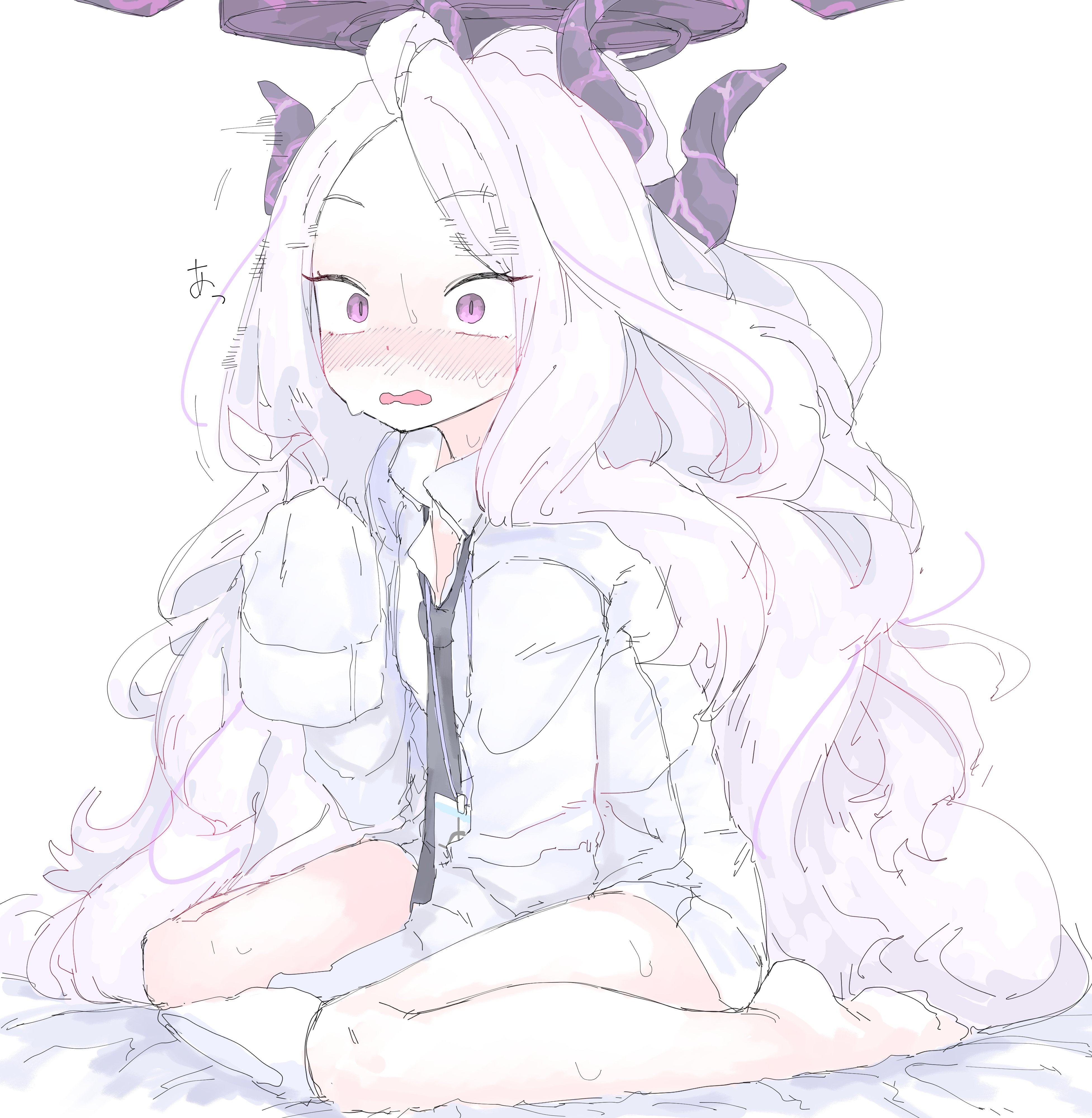 mocamocaink, hina (blue archive), blue archive, absurdres, commentary request, highres, 1girl, ahoge, blush, breasts, demon girl, demon horns, horns, long hair, looking at viewer, purple eyes, shirt, sitting, small breasts, solo, sweat, very long hair, white hair, white shirt