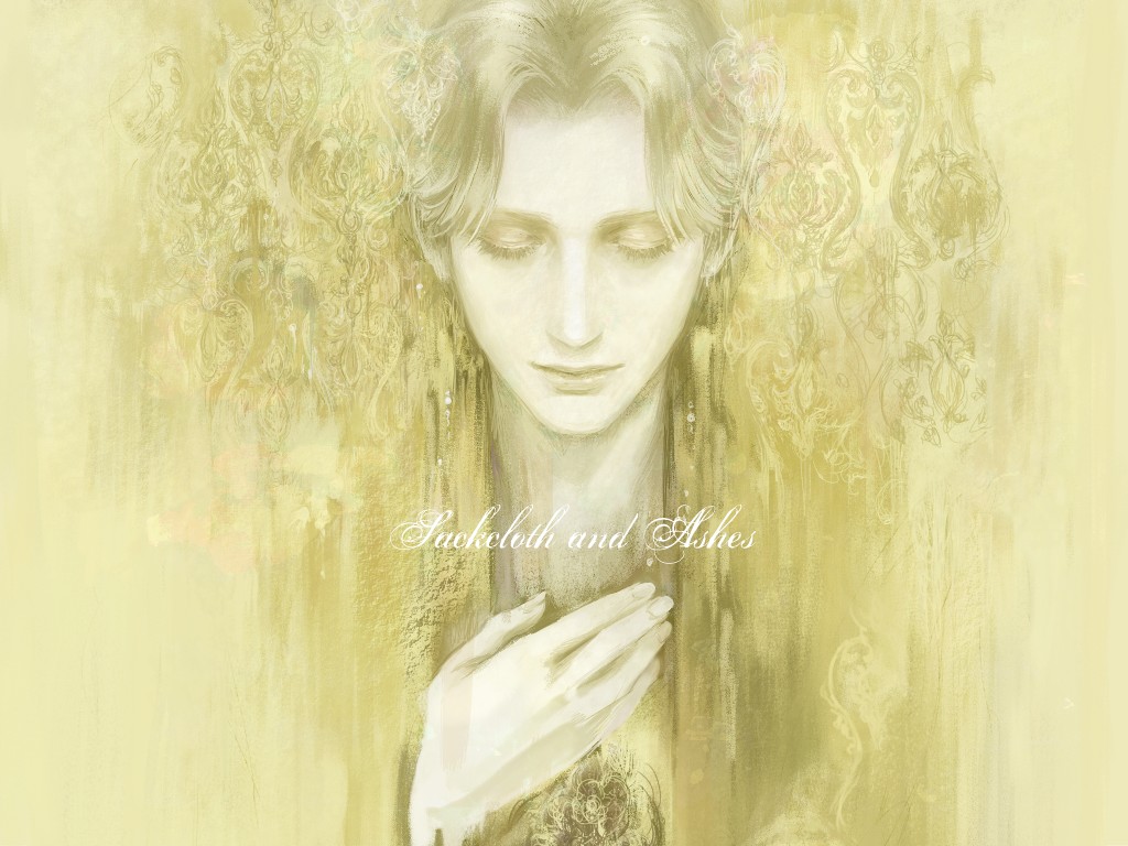 as (ashes), johan liebert, monster (manga), 1boy, bishounen, blonde hair, closed eyes, closed mouth, collarbone, english text, hand on own chest, lips, male focus, monochrome, smile, solo, upper body, yellow theme
