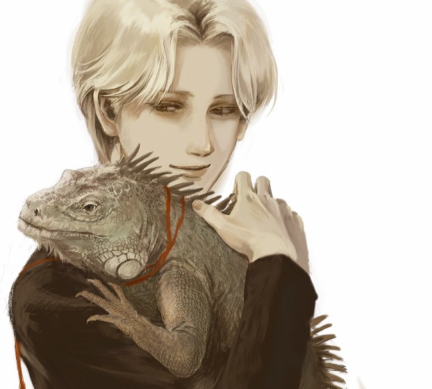as (ashes), johan liebert, monster (manga), 1boy, bishounen, blonde hair, iguana (animal), lizard, male focus, solo
