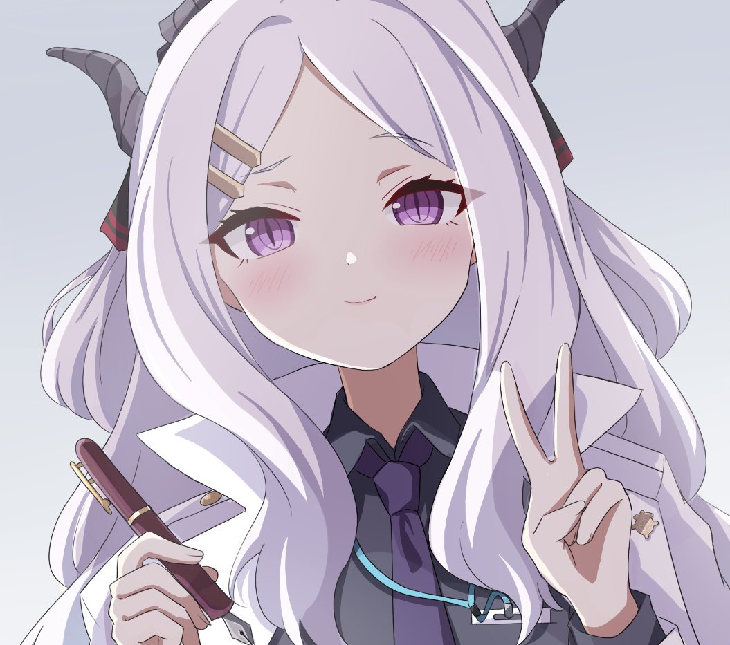 yukimi unagi, hina (blue archive), blue archive, commentary request, 1girl, blush, demon girl, demon horns, demon wings, horns, long hair, looking at viewer, pen, purple eyes, solo, v, white hair, wings