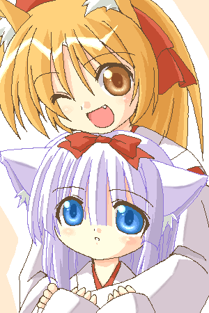 lowres, 2girls, animal ears, japanese clothes, miko, multiple girls, oekaki