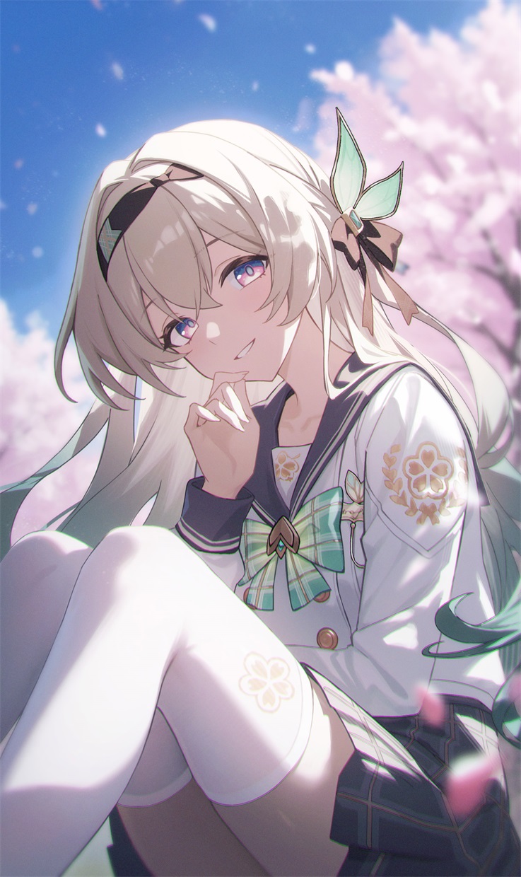 shali, firefly (honkai: star rail), firefly (spring missive) (honkai: star rail), honkai: star rail, honkai (series), highres, revision, 1girl, aqua bow, aqua bowtie, black hairband, bow, bowtie, gradient hair, green hair, grey hair, hair ornament, hairband, long sleeves, looking at viewer, miniskirt, multicolored hair, official alternate costume, pink eyes, plaid clothes, plaid skirt, pleated skirt, sailor collar, school uniform, serafuku, shirt, sitting, skirt, smile, solo, thighhighs, white shirt, white thighhighs, zettai ryouiki