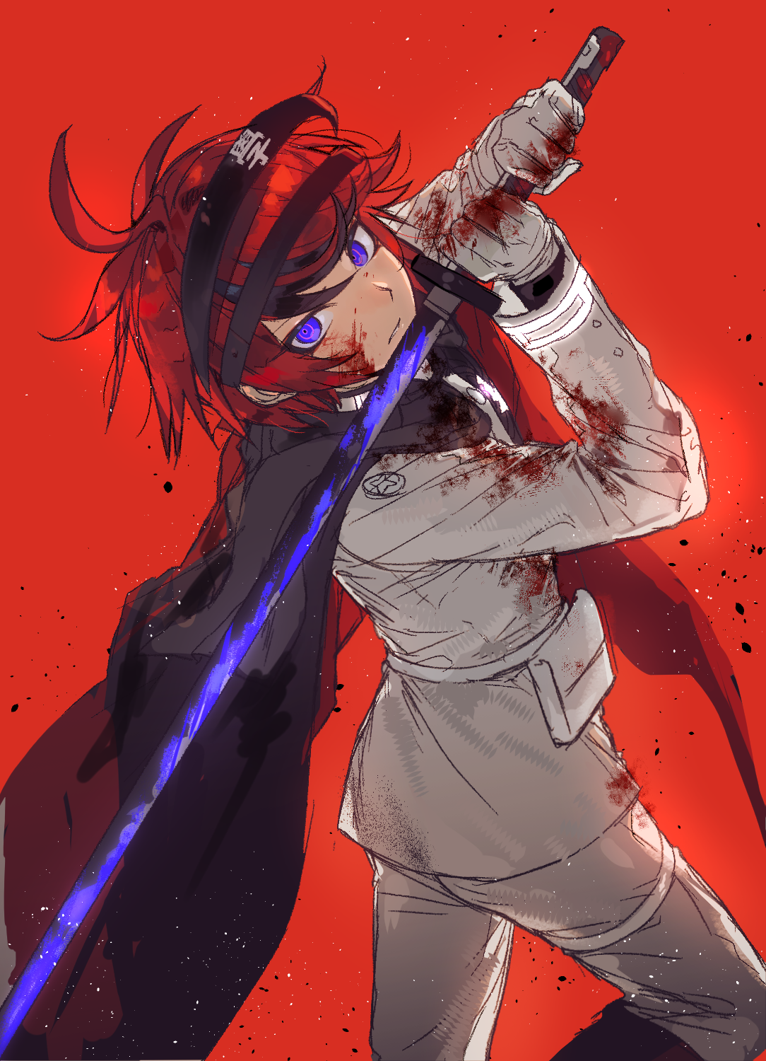 sumino takumi, the hundred line -last defense academy-, chinese commentary, commentary request, highres, 1boy, ahoge, belt, belt pouch, black boots, black cape, black hair, blood, blood on clothes, blood on face, blue eyes, boots, cape, jacket, knee boots, last defense academy school uniform, looking at viewer, looking back, male focus, multicolored hair, official alternate color, pants, pouch, red background, red hair, school uniform, short hair, simple background, solo, streaked hair, syuu 1125, thigh strap, tsurime, two-tone hair, white belt, white jacket, white pants