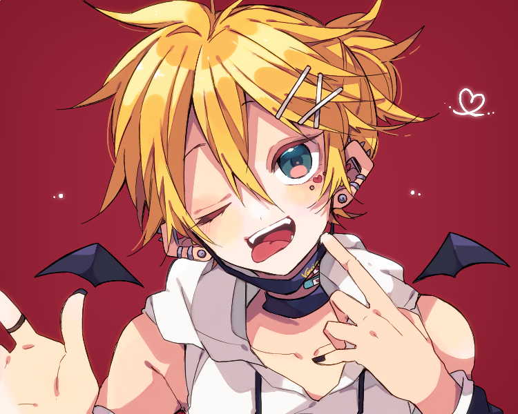 kaho 0102, kagamine len, vampire (vocaloid), vocaloid, commentary request, 1boy, ;d, black choker, black nails, black wings, blonde hair, choker, collarbone, detached wings, double-parted bangs, drawstring, ear piercing, facial mark, green eyes, hair between eyes, hair ornament, hands up, heart, heart facial mark, hood, hood down, hoodie, looking at viewer, male focus, mask, mask pull, mouth mask, nail polish, one eye closed, open mouth, piercing, portrait, short hair, simple background, sleeveless, sleeveless hoodie, smile, solo, tongue, tongue out, white hoodie, wings, x hair ornament