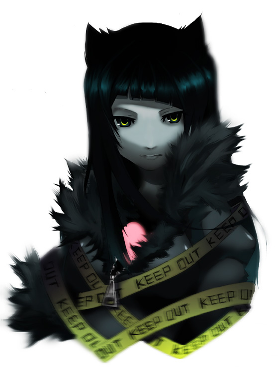 kz-kura, original, 1girl, animal ears, black hair, cat ears, caution tape, dark, female focus, keep out, simple background, solo, yellow eyes, zipper