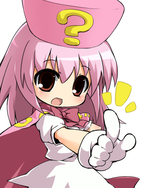 izuno kenta, hatena yousei, benesse, 1girl, ?, ^^^, female focus, gloves, hat, pink hair, pink hat, simple background, solo, staff, white background