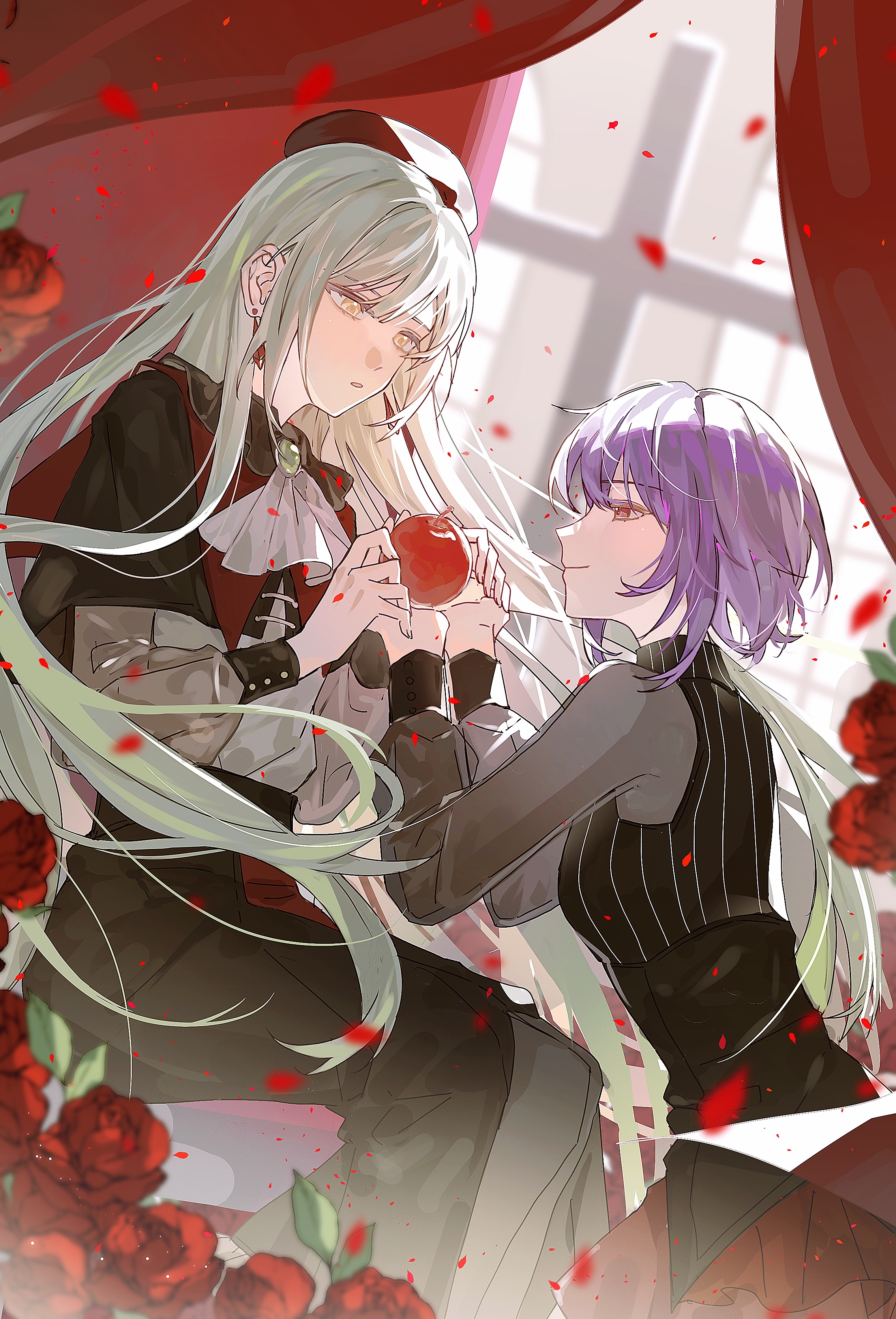 amoris (bang dream!), mortis (bang dream!), mortis (costume) (bang dream!), wakaba mutsumi, yuutenji nyamu, bang dream!, bang dream! it's mygo!!!!!, absurdres, artist request, commission, highres, second-party source, 2girls, apple, ascot, beret, black capelet, black pants, black shirt, breasts, capelet, closed mouth, curtains, earrings, flower, food, from side, fruit, green brooch, green hair, hat, holding, holding food, holding fruit, jewelry, long hair, long sleeves, looking at another, medium breasts, multiple girls, pants, parted lips, petals, profile, purple eyes, red flower, red hat, red rose, rose, see-through clothes, see-through sleeves, shirt, short hair, sidelocks, smile, white ascot, window, yellow eyes