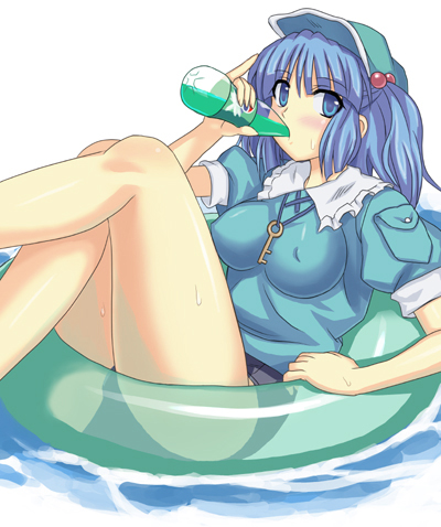kawashiro nitori, pepsi, touhou, lowres, 1girl, aged up, breasts, drinking, female focus, hair bobbles, hair ornament, innertube, key, no pants, one-piece swimsuit, pepsi ice cucumber, school swimsuit, soda, solo, swim ring, swimsuit, swimsuit under clothes, two side up, water, white background
