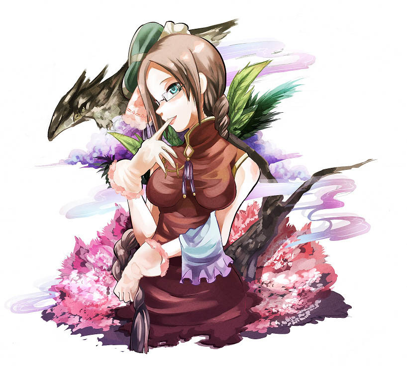 kz-kura, original, bare shoulders, bird, blue eyes, brown hair, china dress, chinese clothes, dress, glasses, gloves, long hair, mouth hold, ponytail, solo
