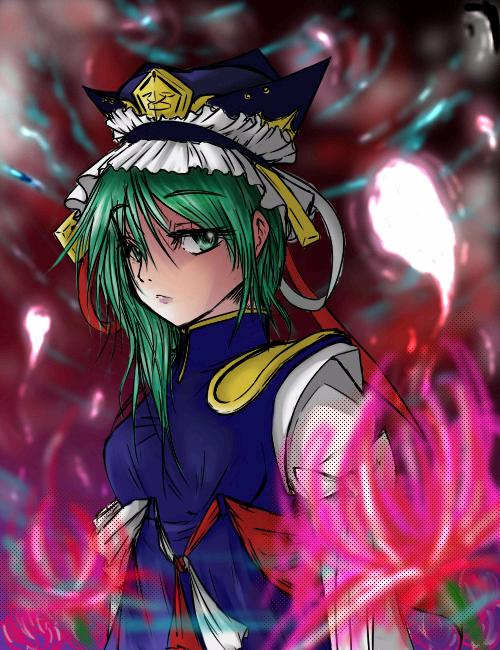 shiki eiki, touhou, 1girl, blue hat, female focus, flower, hat, hitodama, red flower, solo, spider lily