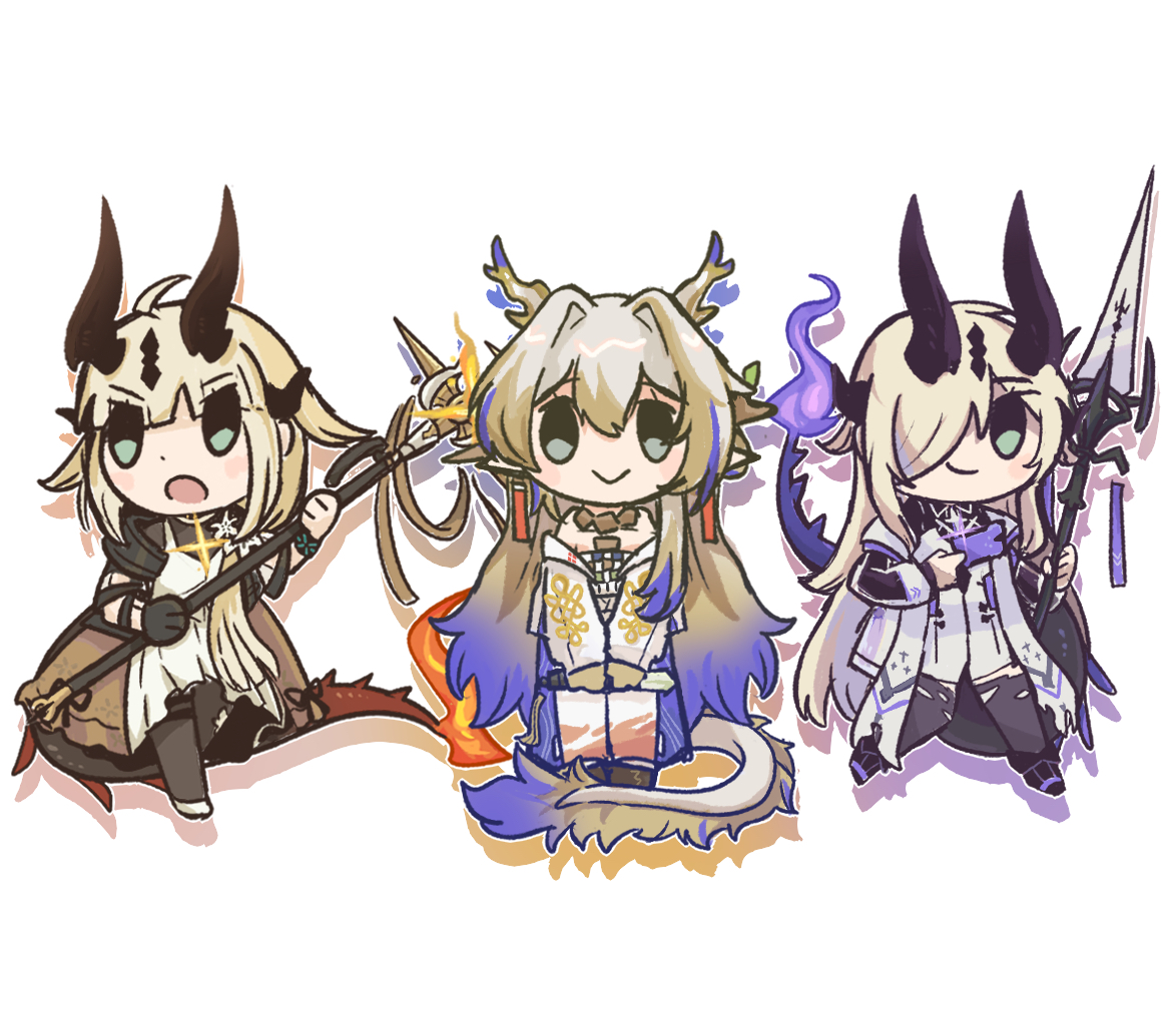 sukey four, necrass (arknights), reed (arknights), shu (arknights), arknights, 3girls, black pantyhose, chibi, chibi only, closed mouth, dagger, dot nose, dragon girl, fire, flame-tipped tail, full body, hair over one eye, holding, holding dagger, holding knife, holding polearm, holding staff, holding weapon, horns, knife, multiple girls, no nose, open mouth, pantyhose, polearm, smile, staff, tail, weapon