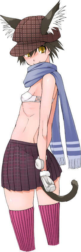 miito shido, original, plaid headwear, long image, tall image, 1girl, animal ears, back, bandeau, black hair, blue scarf, bra, cat ears, cat tail, female focus, flat chest, from behind, gloves, hat, lingerie, looking back, plaid clothes, plaid skirt, ribs, scarf, short hair, skirt, smile, solo, strapless, striped clothes, striped thighhighs, tail, thighhighs, tube top, underwear, yellow eyes, zettai ryouiki