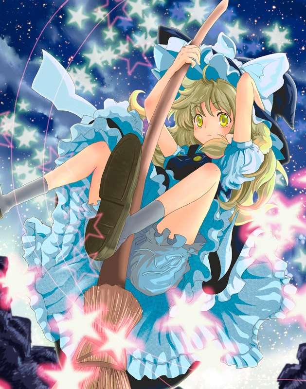 nanami sano, kirisame marisa, touhou, 1girl, bloomers, broom, broom riding, female focus, hat, outdoors, sky, solo, underwear, white bloomers