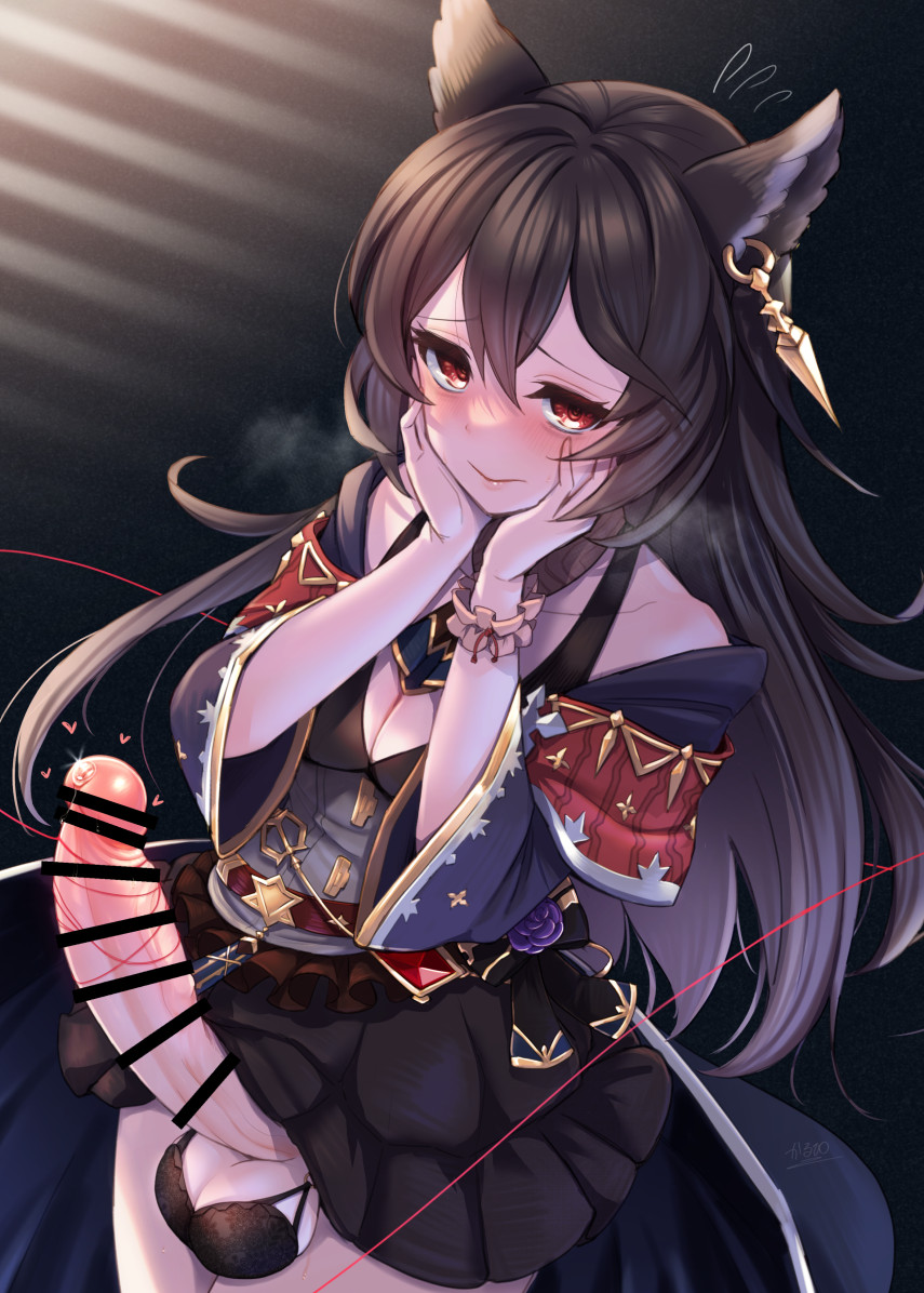 calpish, nier (granblue fantasy), granblue fantasy, commentary request, commission, commissioner upload, skeb commission, animal ear piercing, animal ears, bar censor, black hair, censored, futanari, heart, long hair, looking at viewer, penis, precum, red eyes, skirt, solo