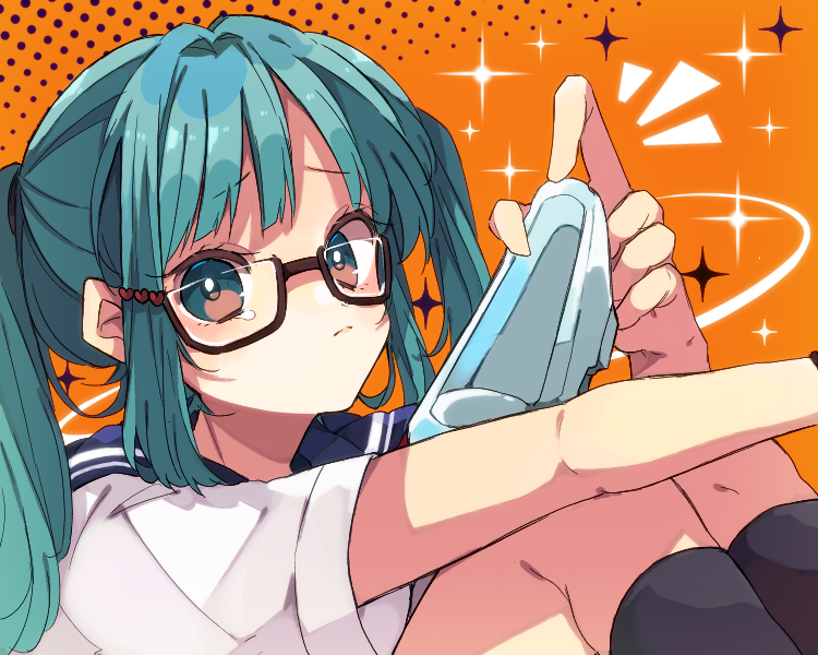 kaho 0102, hatsune miku, cinderella (vocaloid), vocaloid, commentary request, 1girl, bespectacled, black socks, blue eyes, blue hair, blue sailor collar, brown-framed eyewear, closed mouth, feet out of frame, glasses, holding, holding shoes, holding unworn clothes, kneehighs, knees up, long hair, looking at viewer, orange background, sailor collar, shirt, shoes, short sleeves, sitting, socks, solo, tears, twintails, unworn shoes, white shirt, white shoes