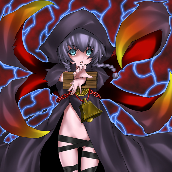 rokuichi, curse maker, atlus, etrian odyssey, silver hair, 1girl, braid, cloak, cowboy shot, expressionless, green eyes, hood, hooded cloak, long sleeves, looking at viewer, no panties, outstretched arm, purple hair, revealing clothes, shaded face, short hair, solo, standing, thigh strap