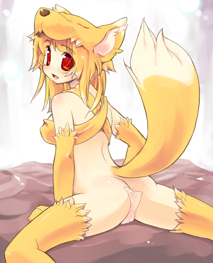 amasa mitsunaru, moonlight flower, ragnarok online, 1girl, animal ears, blonde hair, body fur, cameltoe, female focus, fox ears, fox tail, loli, looking back, maebari, pussy, red eyes, solo, tail