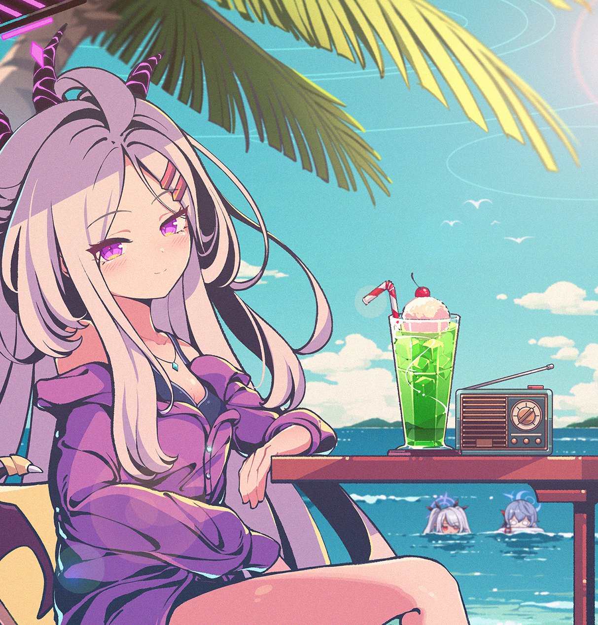 rabe26k, ako (blue archive), hina (blue archive), iori (blue archive), blue archive, commentary request, highres, 3girls, ahoge, black halo, blue eyes, blue hair, blue sky, dark-skinned female, dark skin, day, demon girl, demon horns, demon wings, grey hair, halo, horns, long hair, melon soda, multiple girls, ocean, outdoors, radio, sitting, sky, twintails, very long hair, white hair, wings