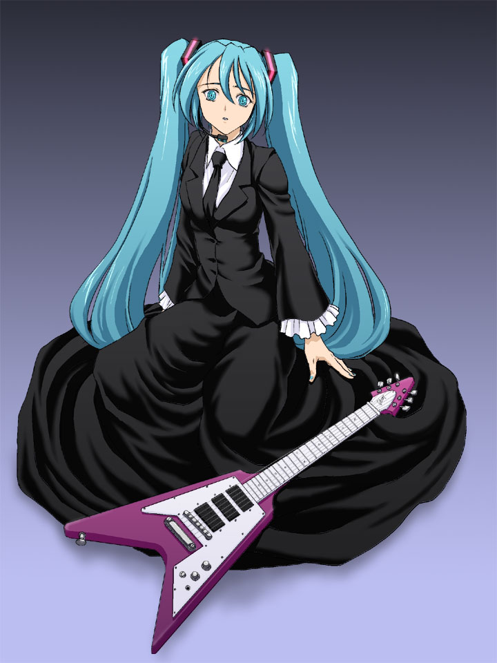 iga tomoteru, hatsune miku, vocaloid, 1girl, black suit, electric guitar, female focus, formal clothes, gibson flying v, green eyes, green hair, guitar, instrument, long hair, matching hair/eyes, necktie, skirt, skirt suit, solo, suit, twintails