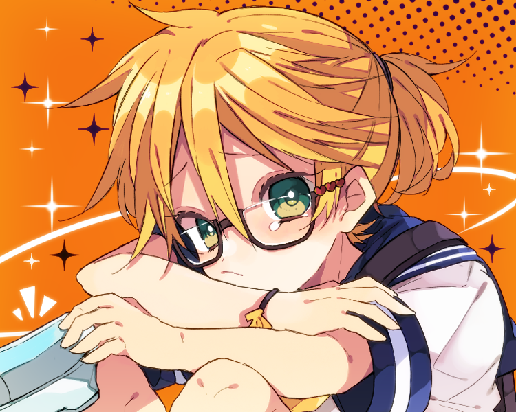 kaho 0102, kagamine len, cinderella (vocaloid), vocaloid, commentary request, 1boy, backpack, bag, bespectacled, blonde hair, blue sailor collar, brown-framed eyewear, closed mouth, double-parted bangs, feet out of frame, furrowed brow, glasses, green eyes, hair between eyes, holding, holding shoes, holding unworn clothes, knees up, looking at viewer, male focus, orange background, sailor collar, shirt, shoes, short hair, short sleeves, sitting, solo, sparkle, tears, unworn shoes, white shirt