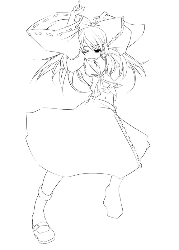 hermmy, hakurei reimu, touhou, 1girl, ascot, bow, collar, detached sleeves, dress, female focus, greyscale, hair bow, long sleeves, looking at viewer, monochrome, sidelocks, simple background, solo, white background