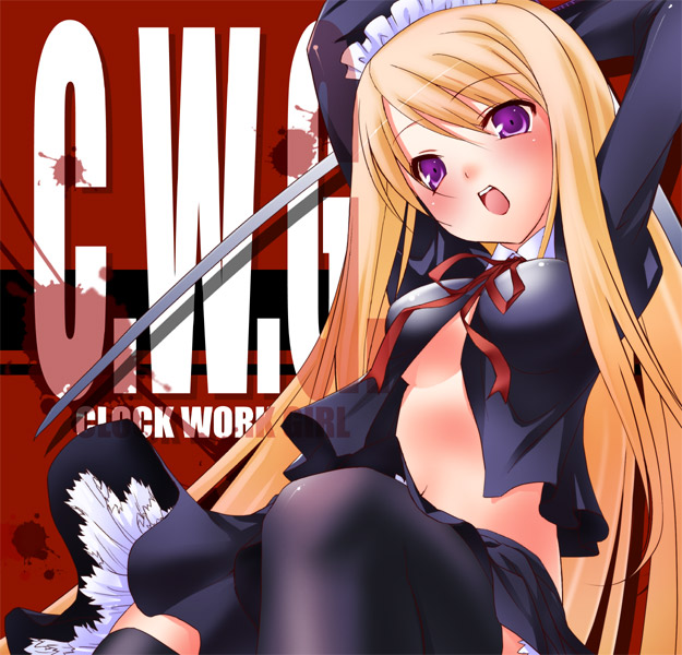 47agdragon, original, 1girl, :o, blonde hair, blush, breasts, female focus, frills, holding, holding sword, holding weapon, katana, long hair, looking at viewer, maid headdress, open mouth, purple eyes, revealing clothes, sheath, solo, sword, tareme, thighhighs, underboob, unsheathing, very long hair, weapon