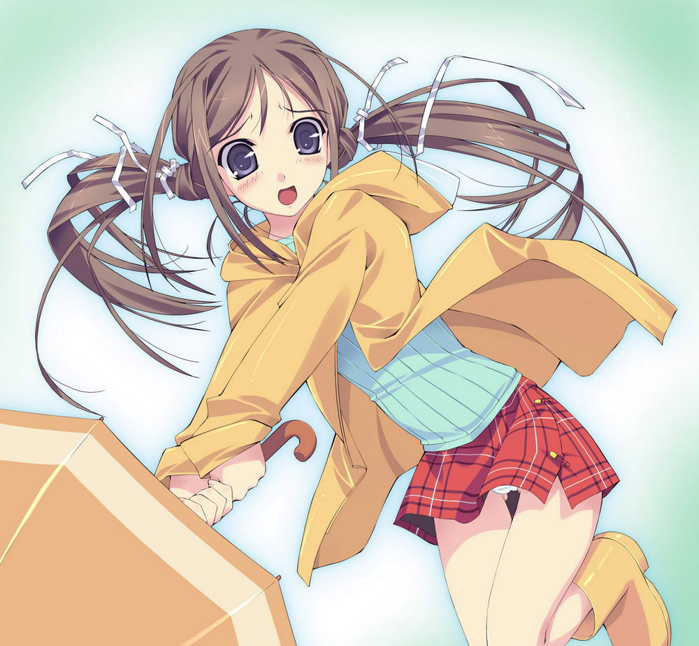 blush, boots, hair ribbon, panties, raincoat, ribbon, skirt, twintails, umbrella, underwear