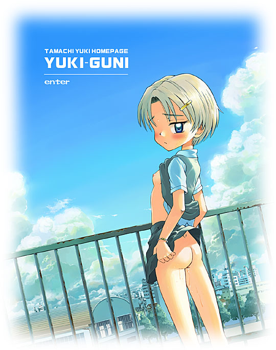 tamachi yuki, original, 1girl, ass, blush, clothes lift, cloud, day, exhibitionism, female focus, hair ornament, hairclip, loli, no panties, public indecency, school uniform, serafuku, shirt lift, skirt, skirt lift, sky, solo, standing, sweater vest, vest