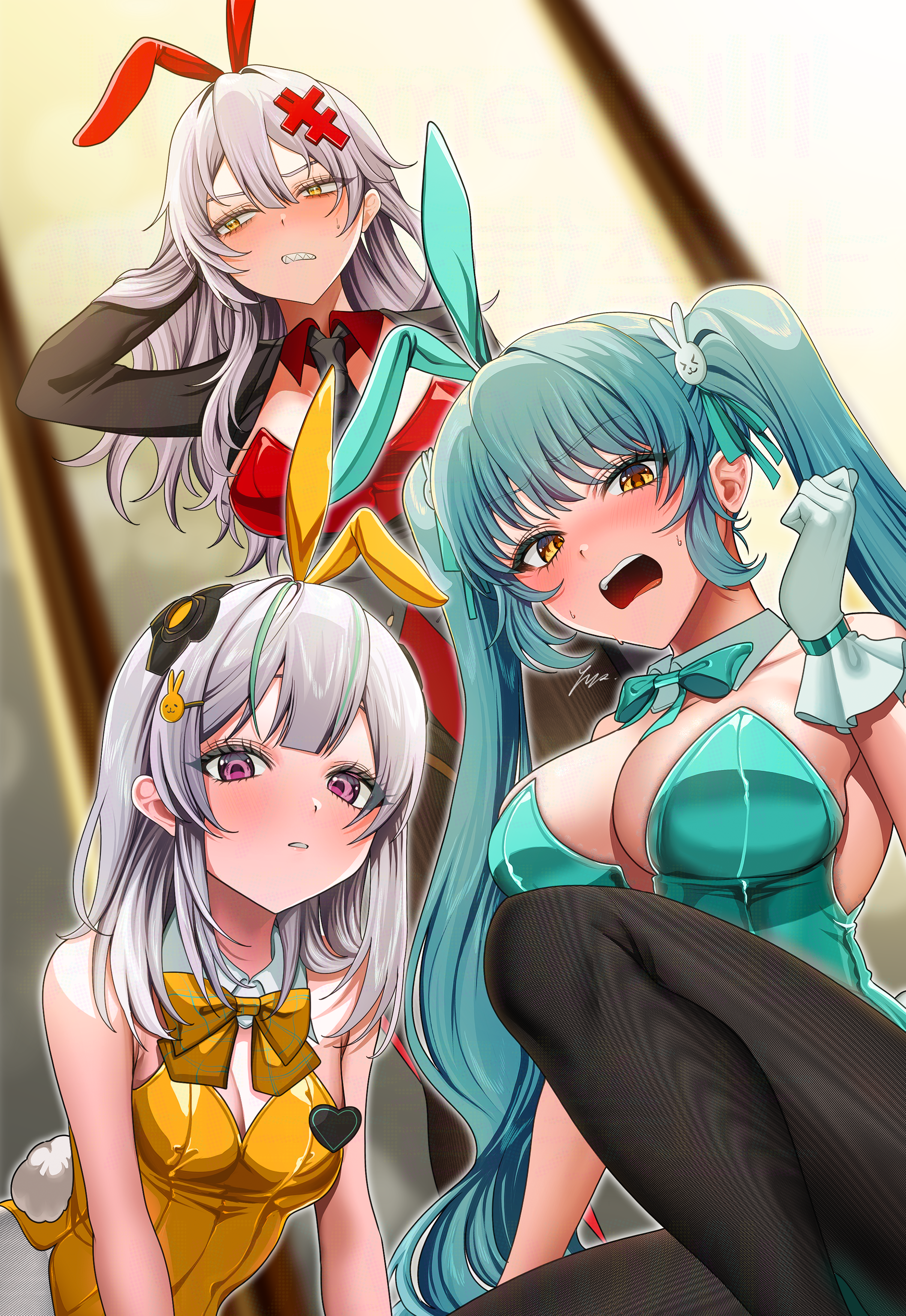 ymr yamero, admi (nikke), privaty (nikke), yulha (nikke), goddess of victory: nikke, absurdres, highres, animal ear hairband, animal ears, black shrug, blue hair, blush, bow, bowtie, breasts, cleavage, collared shrug, detached collar, fake animal ears, fishnet pantyhose, fishnets, gloves, green hair, green leotard, grey hair, hair between eyes, hair ornament, hairband, hairclip, large breasts, leotard, long hair, looking at viewer, medium hair, messy hair, multicolored hair, necktie, open mouth, pantyhose, pink eyes, playboy bunny, rabbit ear hairband, rabbit ears, rabbit tail, red leotard, sharp teeth, shrug (clothing), strapless, strapless leotard, streaked hair, tail, teeth, triangle (nikke), twintails, very long hair, yellow bow, yellow bowtie, yellow eyes, yellow leotard