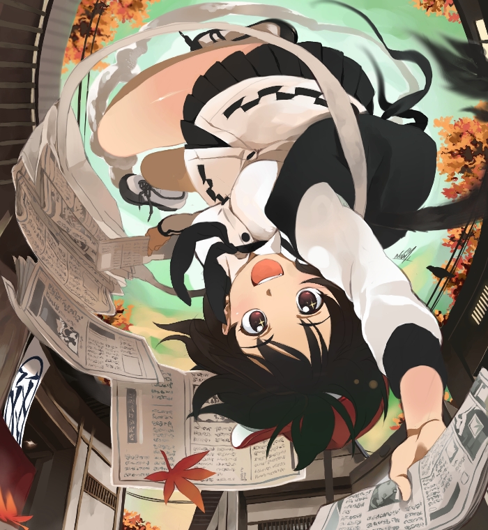 umi no manateii, shameimaru aya, touhou, bad id, bad pixiv id, 1girl, :d, autumn, bag, baseball cap, black eyes, black hair, brown eyes, female focus, flying, from below, hat, leaf, legs, looking at viewer, maple leaf, newspaper, open mouth, perspective, short hair, shoulder bag, skirt, smile, solo, tree, upside-down, village
