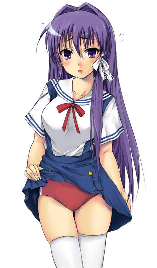 waku, fujibayashi kyou, clannad, 00s, buruma, clothes lift, school uniform, serafuku, skirt, skirt lift, solo, thighhighs