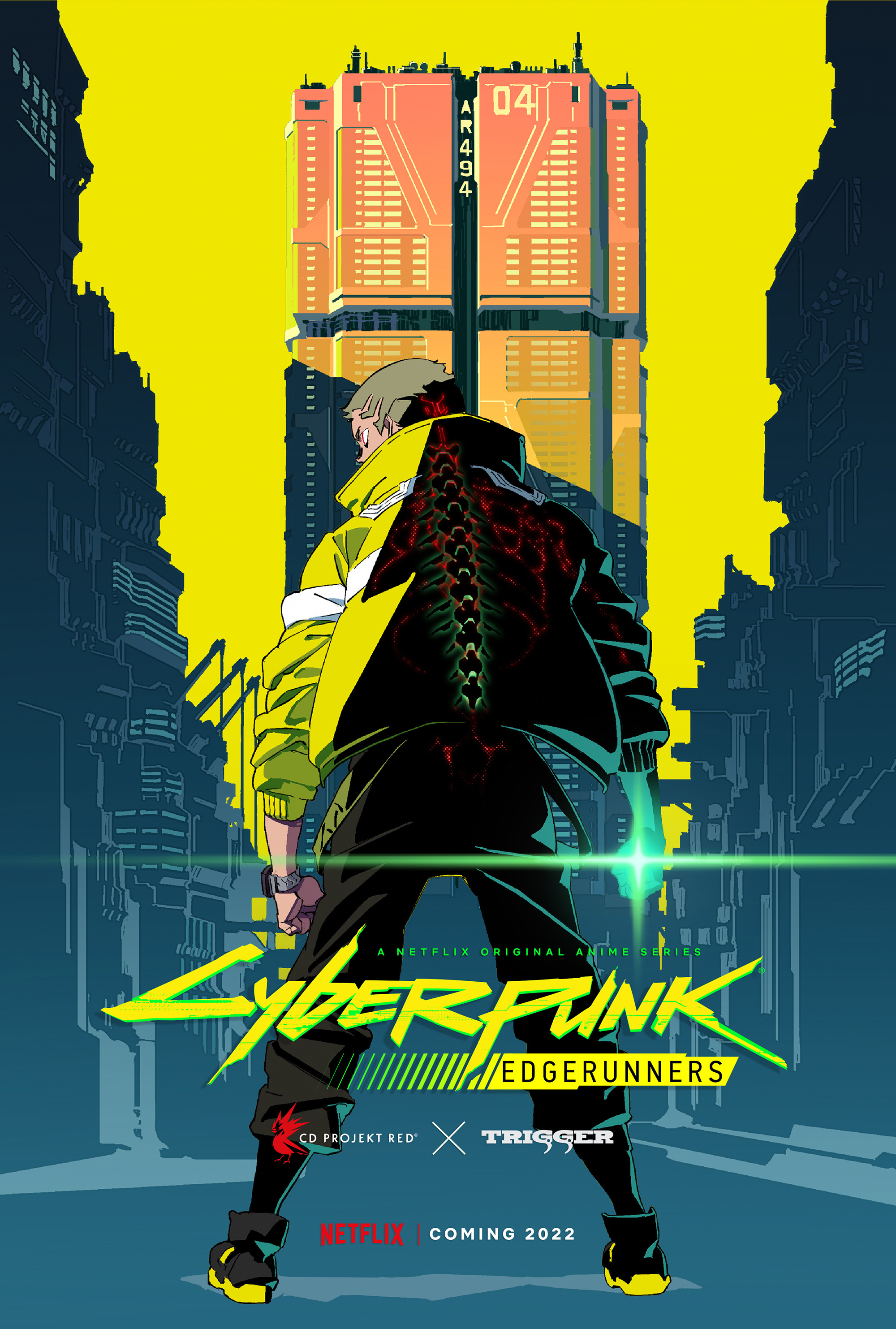 david martinez, cd projekt red, cyberpunk: edgerunners, cyberpunk (series), cyberpunk 2077, netflix, trigger (company), absurdres, highres, official art, 1boy, black pants, black shoes, cityscape, copyright name, jacket, lying, on back, pants, shoes, standing, watch, yellow background, yellow jacket
