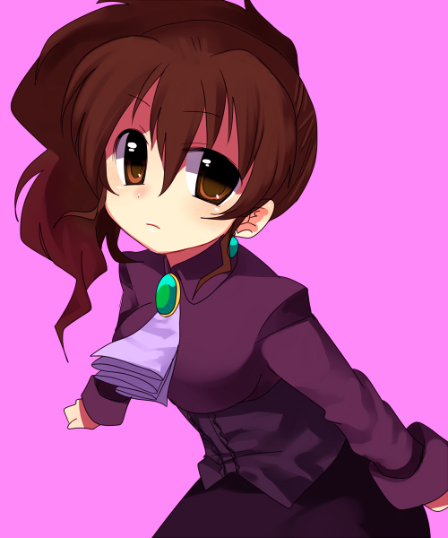 subaru (yachika), ushiromiya natsuhi, umineko no naku koro ni, 00s, 1girl, brown eyes, brown hair, female focus, pink background, ponytail, solo