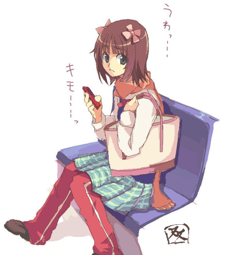 hamayumiba sou, amami haruka, idolmaster, idolmaster (classic), idolmaster 1, 00s, 1girl, bag, bench, blue eyes, cellphone, female focus, flower, green skirt, hair flower, hair ornament, hairpin, handbag, holding, looking at viewer, pants, phone, plaid clothes, plaid skirt, pleated skirt, shoes, simple background, sitting, skirt, solo, track pants, white background