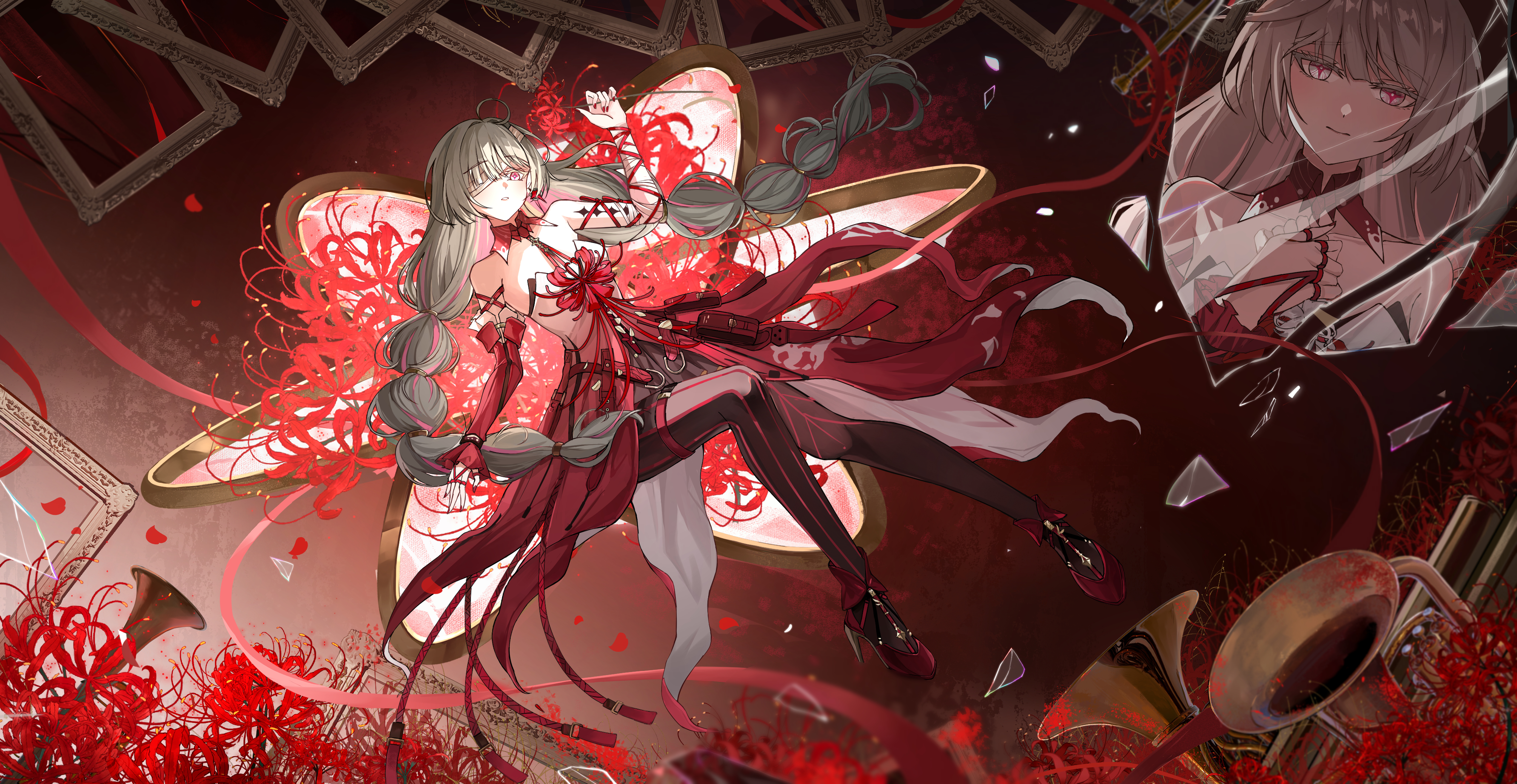 muyinxia, phrolova (wuthering waves), wuthering waves, absurdres, highres, 1girl, bandage over one eye, bandaged arm, bandages, bare shoulders, black pantyhose, black skirt, braid, breasts, detached sleeves, different reflection, dress, earrings, flower, glass shards, halter dress, halterneck, high heels, holding, holding flower, jewelry, long hair, looking at viewer, low twin braids, medium breasts, missing commentary, multicolored hair, pantyhose, parted lips, red dress, red shoes, reflection, shoes, single detached sleeve, skirt, solo, spider lily, streaked hair, tacet mark (wuthering waves), twin braids, very long hair