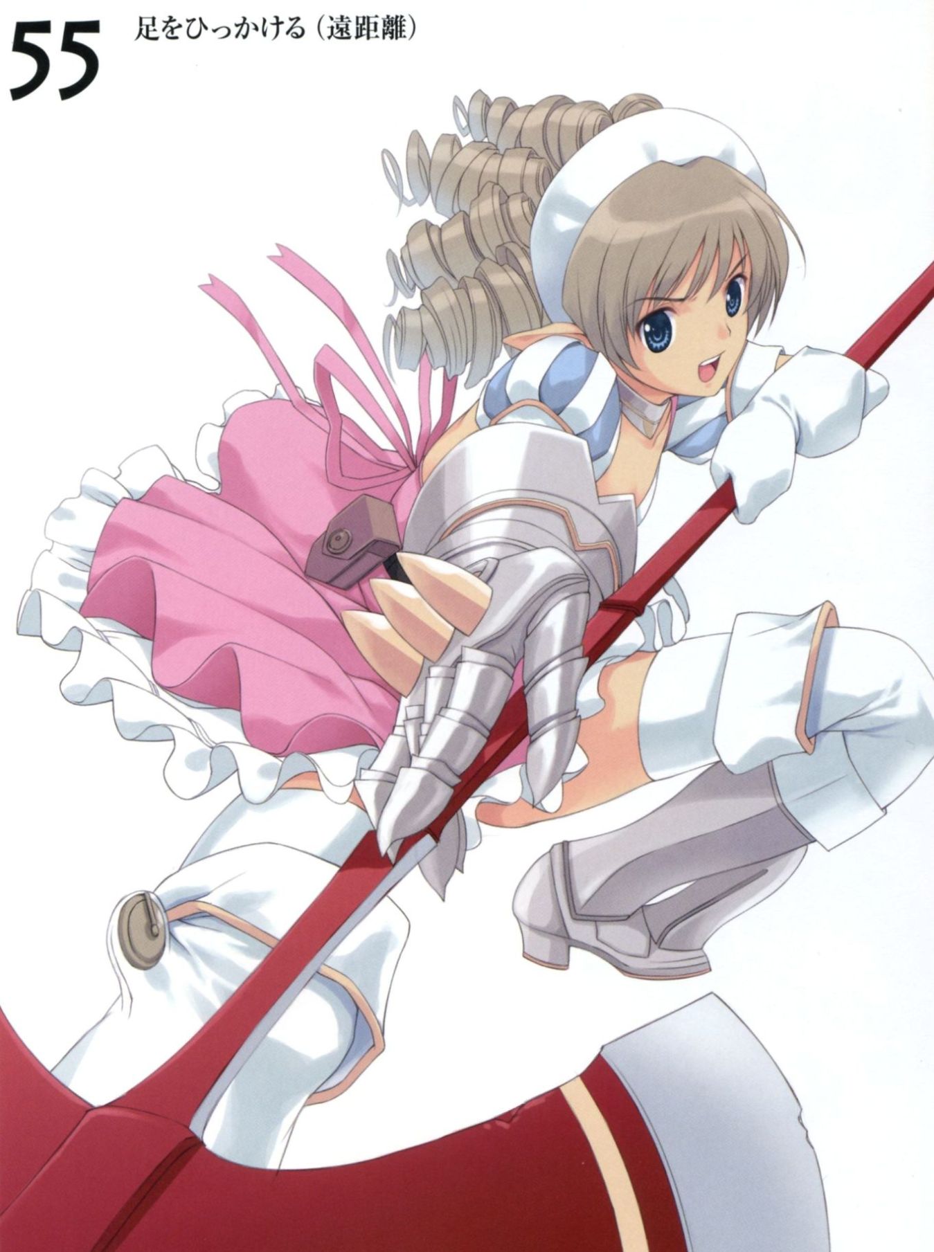 mibu natsuki, iron princess ymir, ymir (queen's blade), queen's blade, highres, 00s, 1girl, armor, armored dress, blue eyes, brown hair, dress, drill hair, female focus, flat chest, frills, hairband, panties, pointy ears, solo, thighhighs, underwear