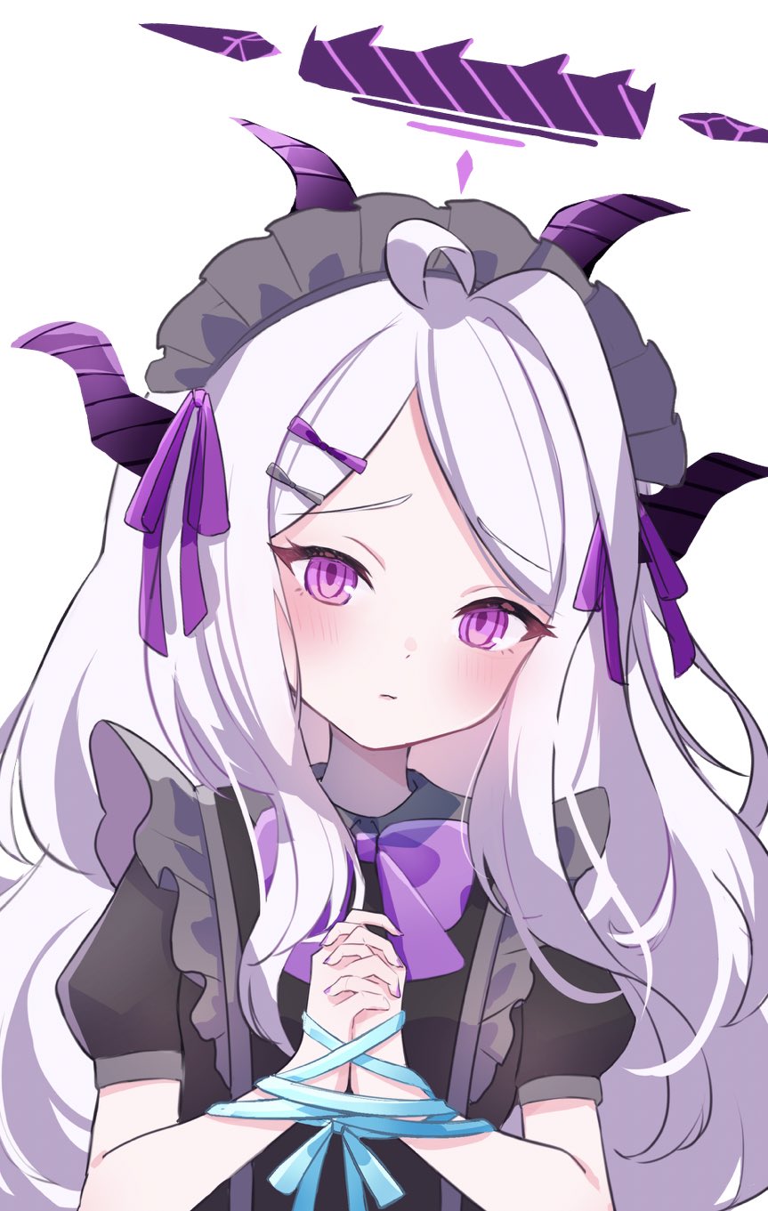 oruorz, hina (blue archive), blue archive, comiket 104, commentary, highres, 1girl, ahoge, black halo, breasts, demon girl, demon horns, halo, horns, long hair, looking at viewer, maid, maid headdress, purple eyes, small breasts, solo, upper body, white hair