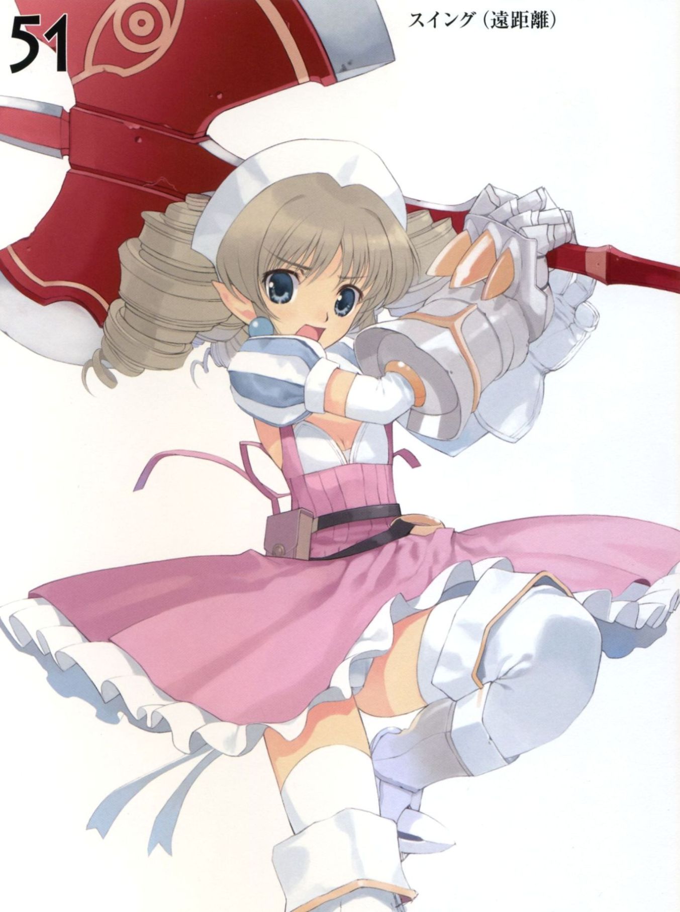 mibu natsuki, iron princess ymir, ymir (queen's blade), queen's blade, highres, 00s, 1girl, armor, armored dress, blue eyes, brown hair, dress, drill hair, flat chest, frills, hairband, panties, pointy ears, thighhighs, underwear, white panties